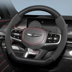 For Genesis carbon fiber texture leather suede steering wheel cover accessories, ultra-thin, anti-slip, protective cover, for Coupe, G80, G70, Dh, G90, GV80, GV70, GV60, GV90 Accessories, GV70e and other models, available in black, mocha, red and brown