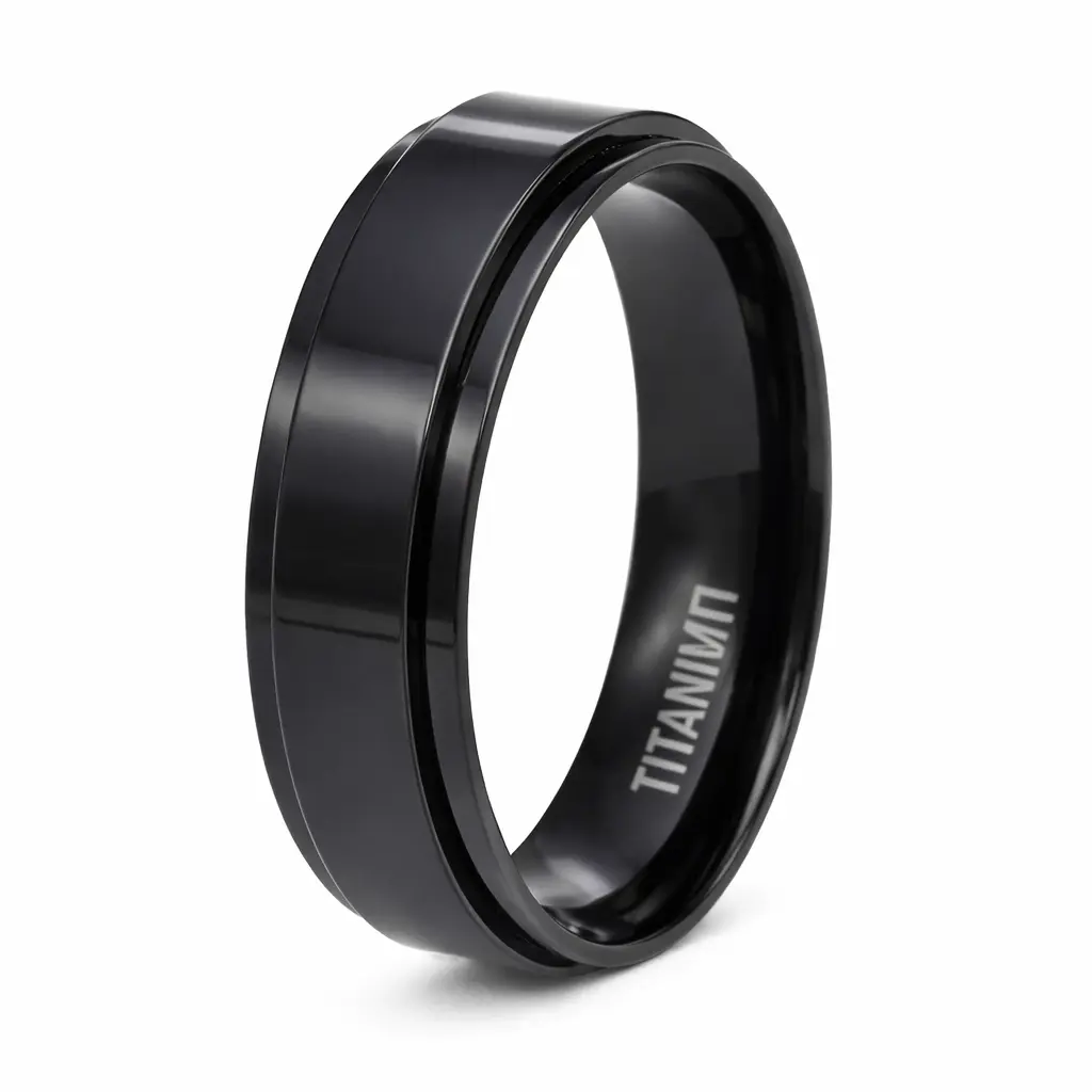Men's Black Titanium Spinner Ring with Flat Profile and Glossy Finish | 8mm