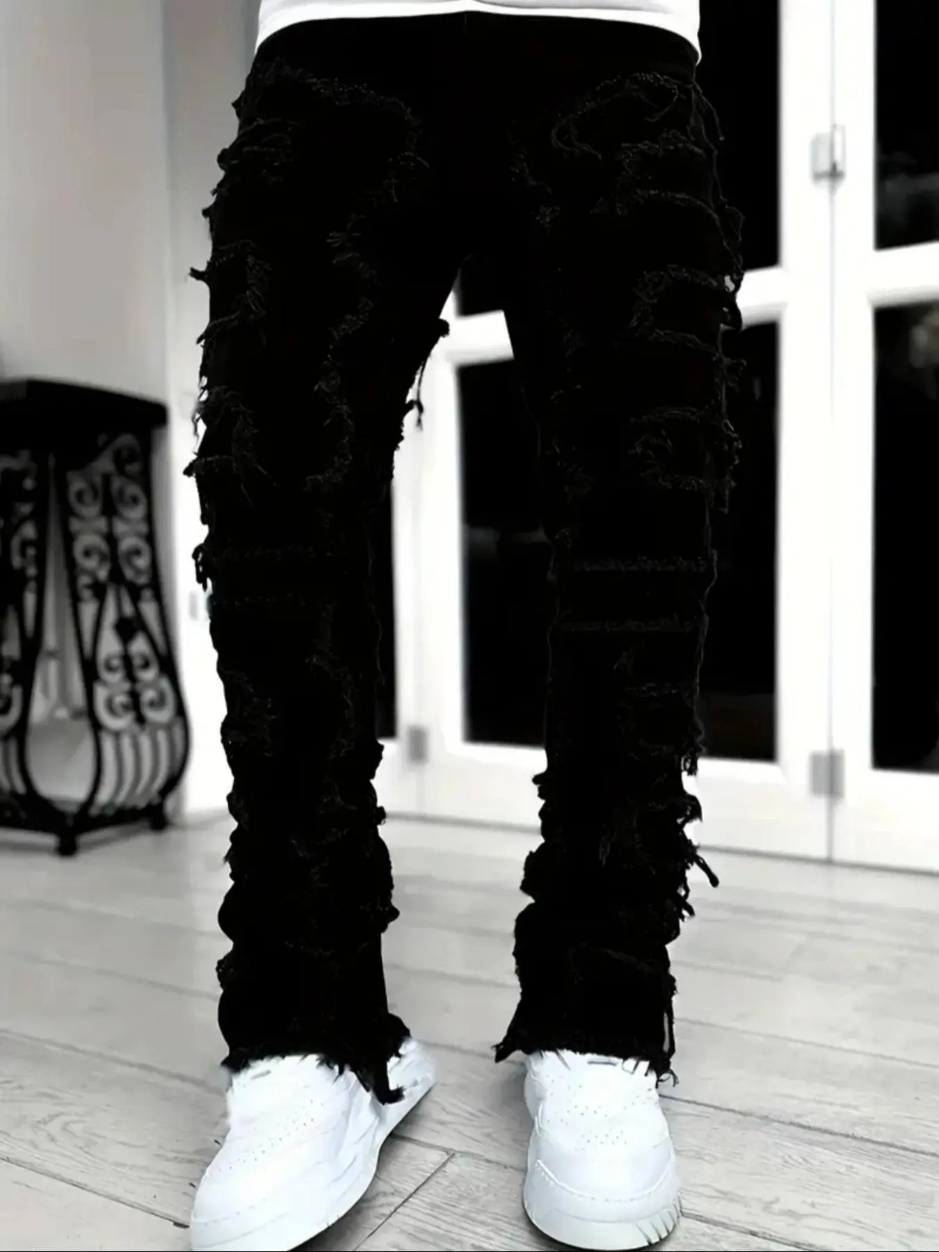 Men's Ripped Knee Jeans, Destroyed Hole Jeans, Ripped Holes Jeans, Casual Comfy Regular Fit Distressed Denim Pants for Daily Wear, Fashion Men's Bottoms for All Seasons, Cotton, Streetwear, Ripped Skinny Jeans, Ripped Stacked Jeans