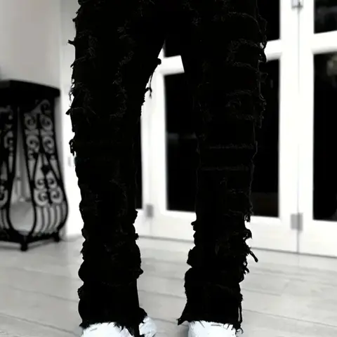 Men's Ripped Knee Jeans, Destroyed Hole Jeans, Ripped Holes Jeans, Casual Comfy Regular Fit Distressed Denim Pants for Daily Wear, Fashion Men's Bottoms for All Seasons, Cotton, Streetwear, Ripped Skinny Jeans, Ripped Stacked Jeans