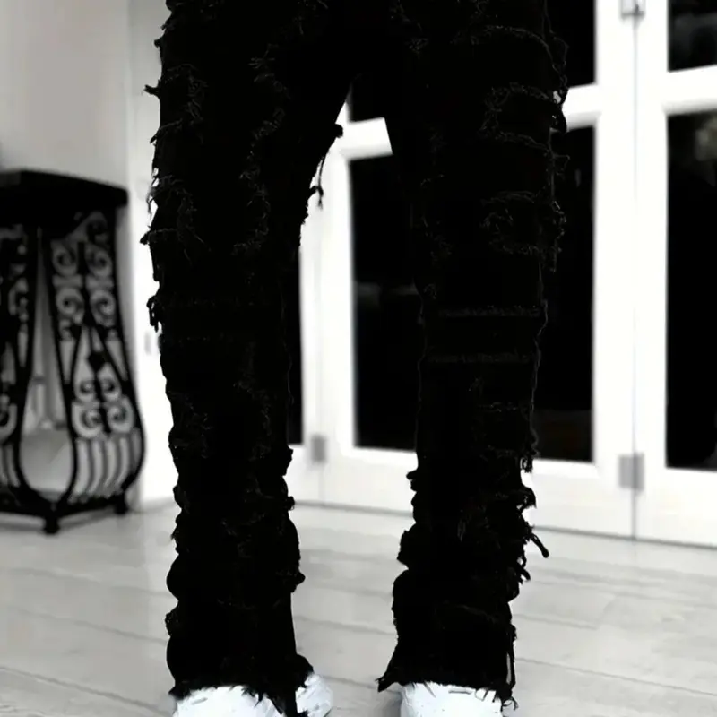 Men's Ripped Knee Jeans, Destroyed Hole Jeans, Ripped Holes Jeans, Casual Comfy Regular Fit Distressed Denim Pants for Daily Wear, Fashion Men's Bottoms for All Seasons, Cotton, Streetwear, Ripped Skinny Jeans, Ripped Stacked Jeans