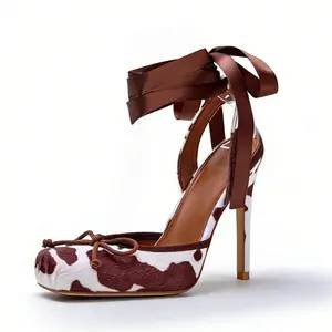 EROCALL  Satin Ballet Heels for Women Closed Square Toe Bow Ballerina Heels Lace Up High Heel Slingback Pumps Strappy Stiletto Mary Janes Elegant Party Shoes