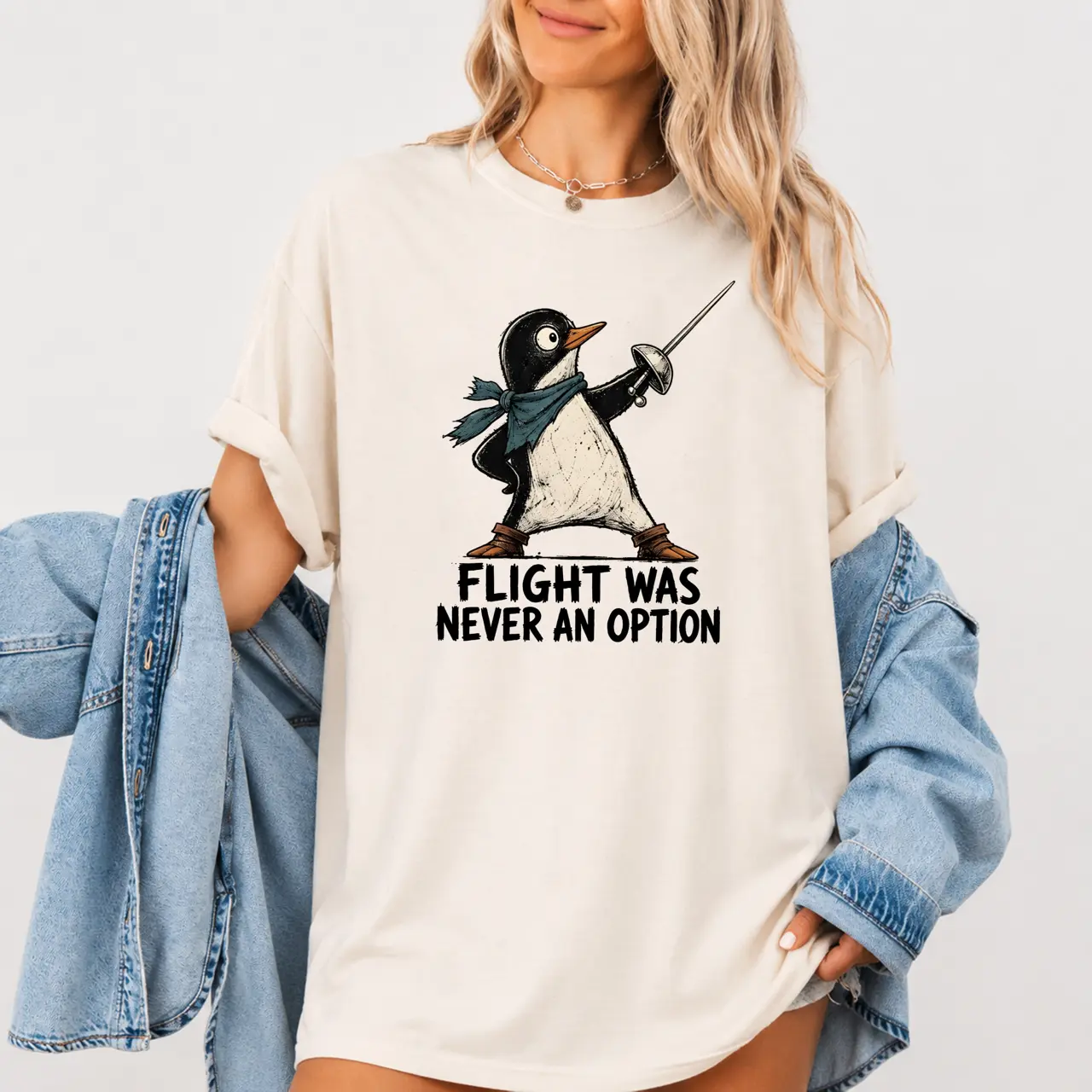 Flight Was Never an Option Graphic Comfort Colors T-Shirt, Funny Penguin Fencing Tee , Cute Warrior Penguin Shirt, Humorous Animal Gift, Unisex Casual Cotton T-Shirt
