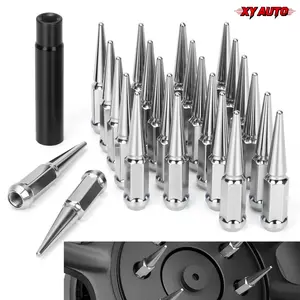 24Pcs M14x1.5 Chrome Wheel Lug Nuts, 14mm×1.5 Conical Bulge Seat Closed End Spike Lug Nuts, Silver Anti-Rust Wheel Fasteners with 1 Socket Key, Compatible with Chevy Silverado 1500 Aftermarket Wheels
