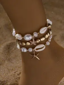 Women's Elegant Shell & Starfish & Faux Pearl Decorated Anklet, Fashionable Beaded Anklet for Beach Vacation, Casual Trendy Accessories for Women & Girls, Fashionable Jewelry