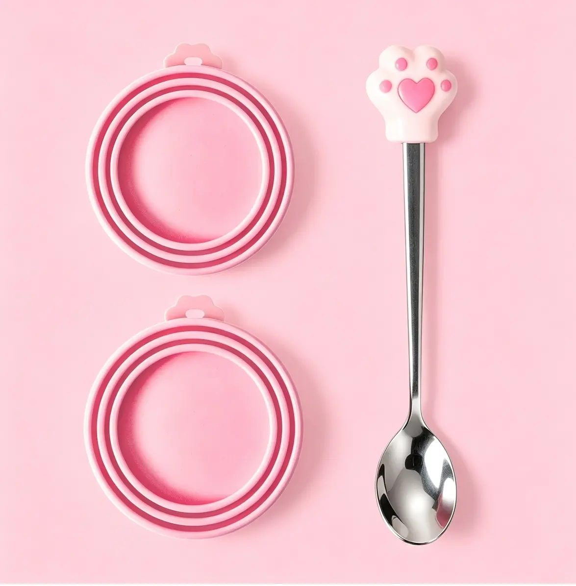 3 PCS Pet Food Can Spoons & Can Lids  Silicone Pet Food Can Covers Stainless Steel Wet Food Spoon for Cats and Dogs （Pink）