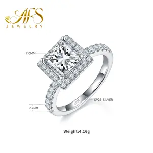 AFS Jewelry Luxe Princess Cut Ring - 2.0ct D Color Synthetic Moissanite in Platinum Plated S925 Silver, Square Solitaire Engagement Ring with VVS1 Clarity, Luxury Gift for Women