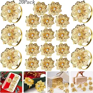 20 Pack Golden Flower Napkin Rings set,Thanksgiving Christmas Napkin Rings Set,Metal Hollow Out Flower Napkin Ring Holder,for Wedding Party Banquet Christmas Dinner