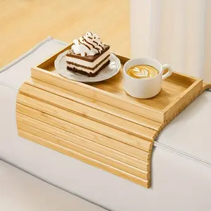 Bamboo Sofa Armrest Tray Foldable Fruit Snack Plate Wooden Living Room Home Storage Organizer Dish