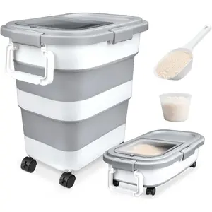 Collapsible Airtight 10-40 Lb Rice Storage Container, 25lb Pet Dog Cat Bird Food Storage Bin, Rice Dispenser with Cup and Scoop for Flour Cereal Pasta Grain