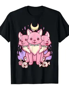 Cerberus 3-Headed Dog T-Shirt - Kawaii Gothic Pastel Cute Creepy Occult Graphic Tee with Pink & Purple Hues, Retro Round Neck Unisex Adult Casual Shirt for Men & Women, Mythical Creature Apparel