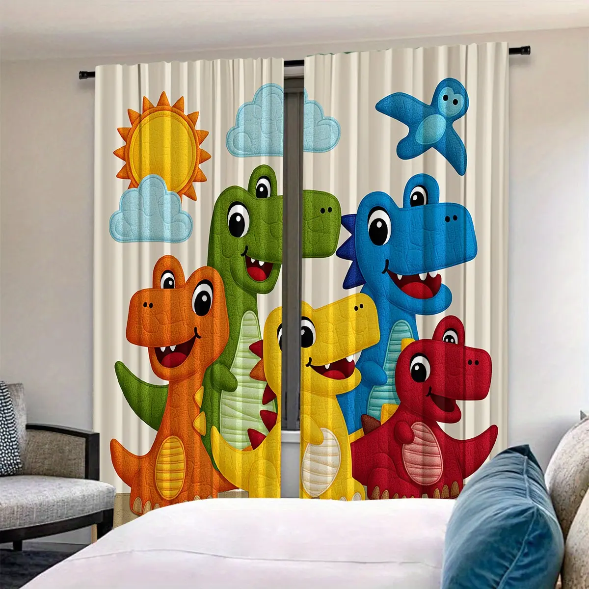 Cartoon Dinosaur Print Curtains Set, Pattern Curtains, Adorable Kids Room Decor, Dreamy Atmosphere, Perfect for Bedroom, 2 Pieces, Home Decoration Curtain, Window Decorations Supplies, Interior Decoration Accessories, Home Decorative Curtain