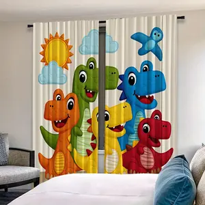 Cartoon Dinosaur Print Curtains Set, Adorable Kids Room Decor, Dreamy Atmosphere, Perfect for Bedroom, 2 Pieces, Home Decoration Curtain, Window Decorations Supplies