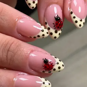 24pcs Almond Shape Fake Nails, High Transparency, Nude Base, Polka Dots, 3D Ladybug Decor, Easy Wear, Korean Style
