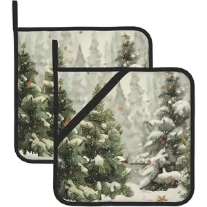 Winter Christmas Tree Pot Holders Set of 2 Snowflakes Kitchen Decorative Heat Resistant Potholder  Lining Oven Hot Pads for Cooking Baking Microwave Oven End Dishes BBQ Holiday Decors
