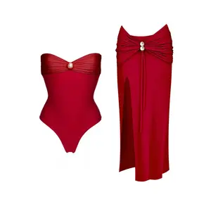 Satin Shine Bow Bandeau One Piece Bikini with Floor Length Solid Skirt Sexy Woman Swimsuit Ladies Female Biquini Summer Set