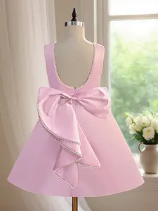 Girl's Pearl Decor Backless Sweater Dress, Ribbon Dress, Elegant U-shaped Back Sleeveless Knit Dress for Party Performance Wedding Guest, Kids Clothes for Summer