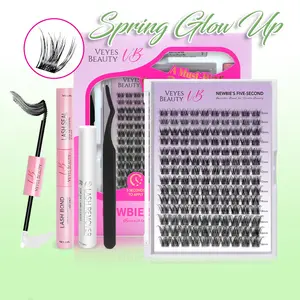 Veyesbeauty LuxeBold Cluster Lashes Eyelashes Cluster Individual Lash Extensions with Bond & Seal Tweezer Dramatic Volume Eyelash Wispy Faux Mink Lash Mixed Length DIY Large Tray for Self Makeup Cosmetic Application at Home