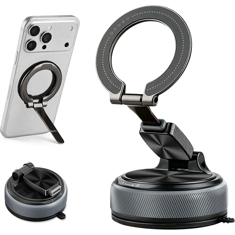 2-in-1 Detachable Magnetic Car Phone Mount – N52 Strong Magnet, 360° Triple-Axis Adjustable, Vacuum Suction Base for Dashboard & Desk, Includes 2 Metal Plates for iPhone & Android