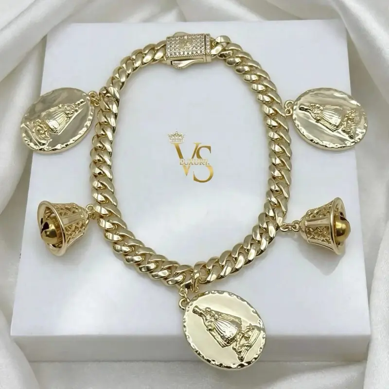 Valdes Luxury – Oshun Medal & Bell Bracelet – 14K Gold Plated Laminated Finish – Everyday Wear