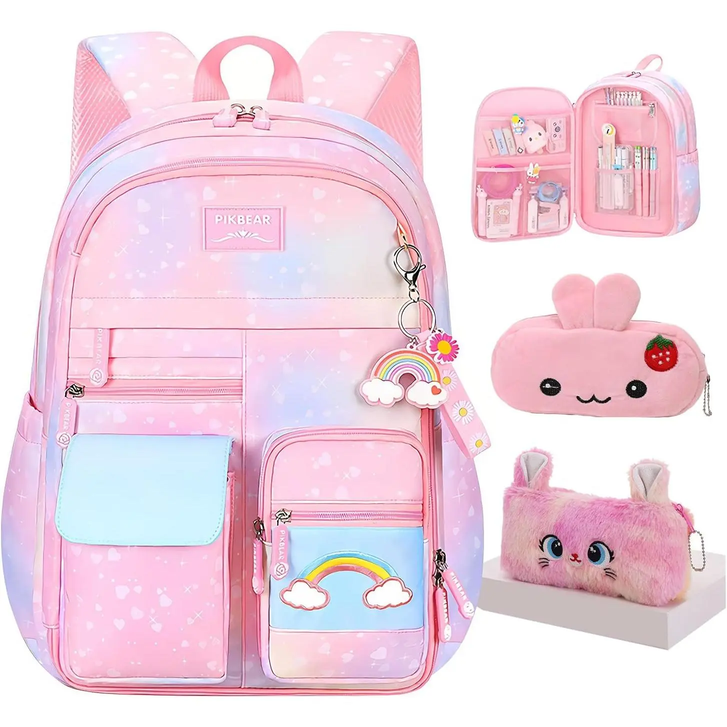 Rainbow Backpack For Girls ,Cute Student School Backpack With Pen Bag,Aesthetic Starry Rainbow Laptop Travel Bag
