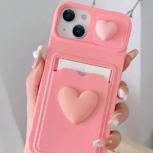 Heart Shaped Phone Case with Card Slot, Cute Phone Protective Cover, Protector, Phone Accessory Compatible with iPhone 11 12 13 14 15 Pro Max, Casing, Protection