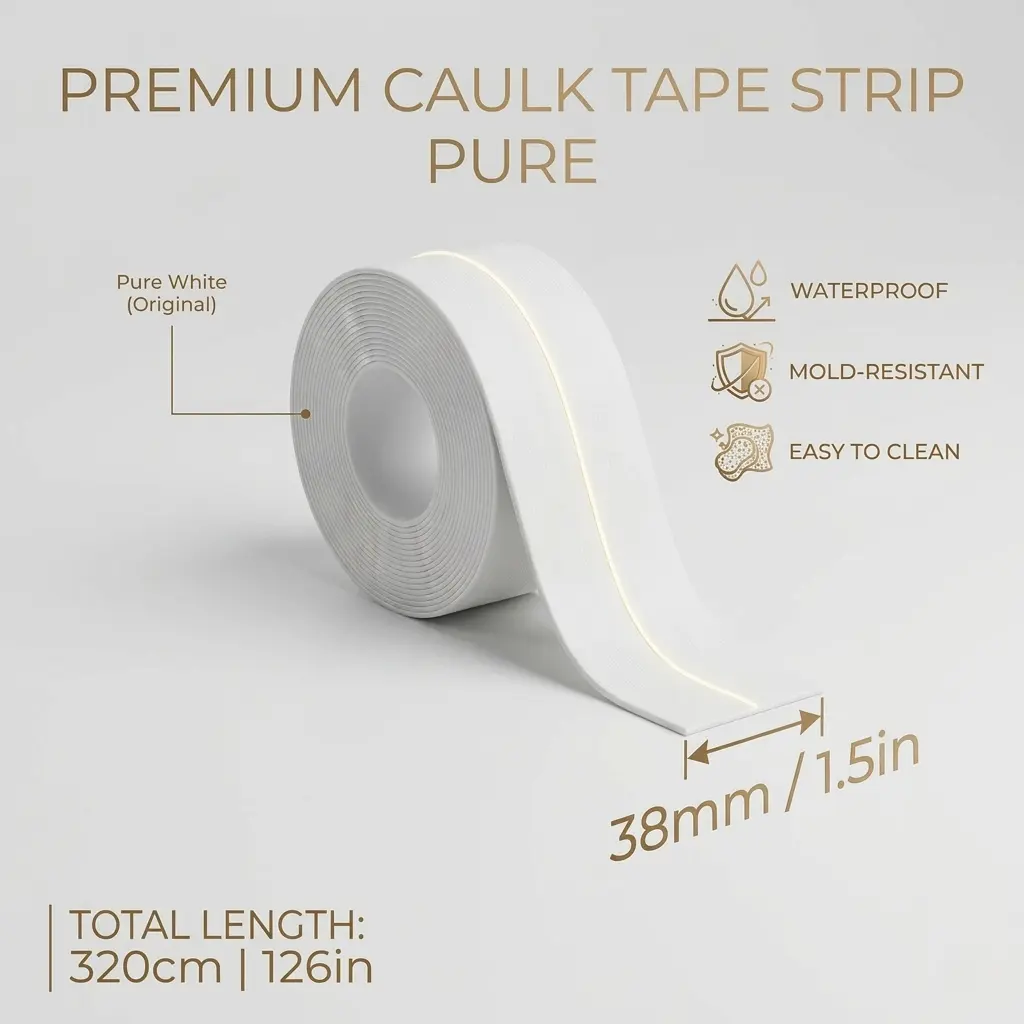 White Waterproof Self-Adhesive Caulk Tape - Single Roll, 1.5 in, 3.2 m, 3.8 cm Wide, Waterproofing, Effortless Use, Durable Sealing for Bathroom, Kitchen Sink Edges, Ideal for DIY Enthusiasts