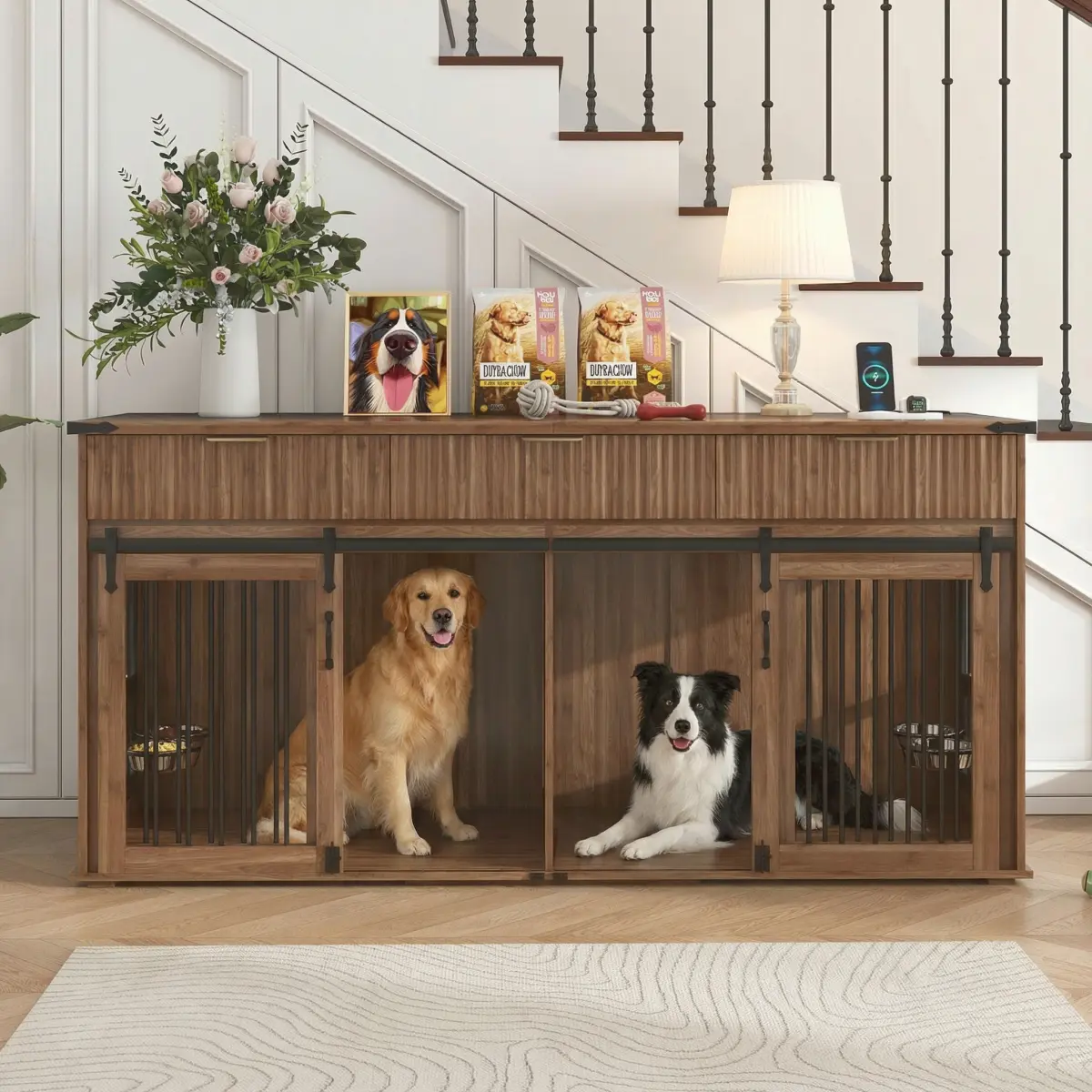 71'' Furniture Style Double Dog Crate with 3 Fluted Drawers and Waterproof Walnut Woodgrain Tabletop,Large Dog Kennel Furniture with Type-C Power Outlet & Rotating Feeders for Heavy Duty Dogs,The package will be shipped in two separate parcels