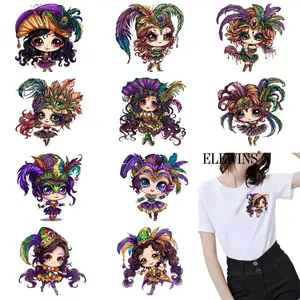 12 pieces of carnival-style Chibi girl gold foil heat transfers, DTF (Direct to Film) gold foil transfers. Perfect for T-shirts, hoodies, jeans, backpacks, and pillows. Washable plastic transfer paper suitable for both men and women.