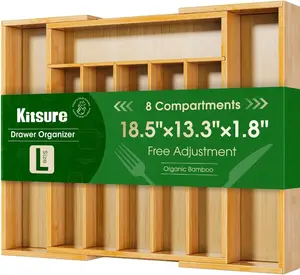 Kitsure Bamboo Wood Silverware Organizer - Expandable, Sturdy Thick-Surface Kitchen Drawer Accessory with Natural Look, Large Size, Multiple Slots for Utensils & Cutlery