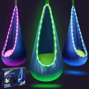 Light Up Kids Pod Swing Seat, Kids Hanging Hammock Swing with LED Lights, Sensory Pod Swing Chair with Inflatable Pillow & All Accessories, Pod Swing for Kids Indoor & Outdoor (1 PCS) (Blue)