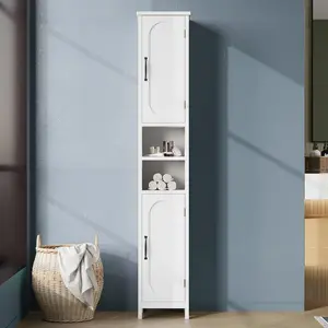 67" Tall Bathroom Storage Cabinet with Lights, Slim Narrow Bathroom Cabinet Organizer with Doors and Adjustable Shelves, Freestanding Towel Cabinet for Small Space,White Apartment Furniture Modern