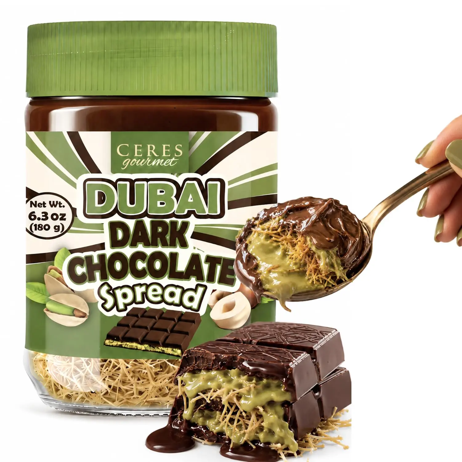Dubai Chocolate Spread, Dark Chocolate 6.35 oz Jar – Gourmet Chocolate Filling & Pistachio with Kataifi, Dubai Dip, Smooth Spreadable Dessert Experience
