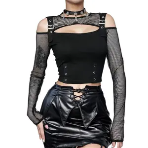 Hip Hop Cropped T Shirt for Women - Black Crew Neck Fishnet Long Sleeve, Grunge Buckle Hollow Out Sheer Gothic Punk Top and Tee for Journey Hippie