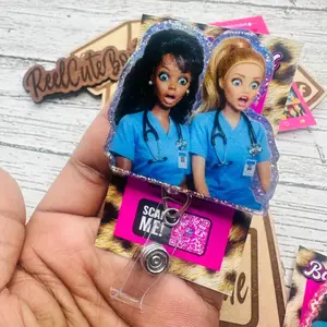 Funny Work Besties Sparkly Retractable Badge Reel Cute Acrylic ID Holder For Nurses Teachers Healthcare Coworker Friendship Gift Accessory