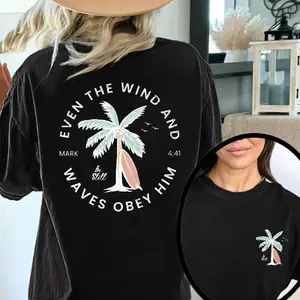 Christian Bible Verse Pattern T Shirt, Beachy Backprint Tops, Trendy Coconut Tree Shirt Unisex Tee