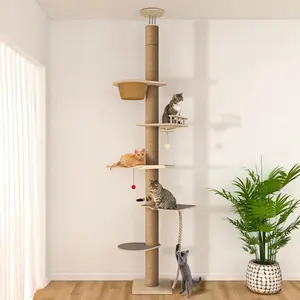 Floor to Ceiling  Tree, 5 Tier  Tower Adjustable Height (82-120 in), Tall Climbing Tree with Perches, Hammock,  , Bed, Ball Toys, Solid Structure and Neutral Color Fit  Decor