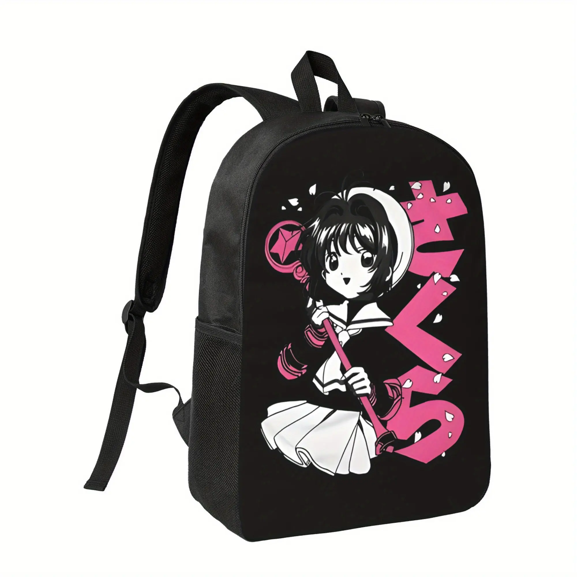 Anime Girl with Pink Accents Matte Polyester Cartoon Backpack Flat Black Cartoon Print Full Zip College Style Backpack Campus Travel Commuting Partner