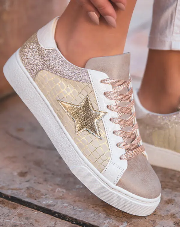 Women's Casual Low-Top Closed-Toe Sneakers - Gold Glitter Star, Multicolor Patchwork, 30% PU 70% PVC Blend Flat Sole Trainers, Sporty Chic All-Season Daily Footwear, Women's Shoes