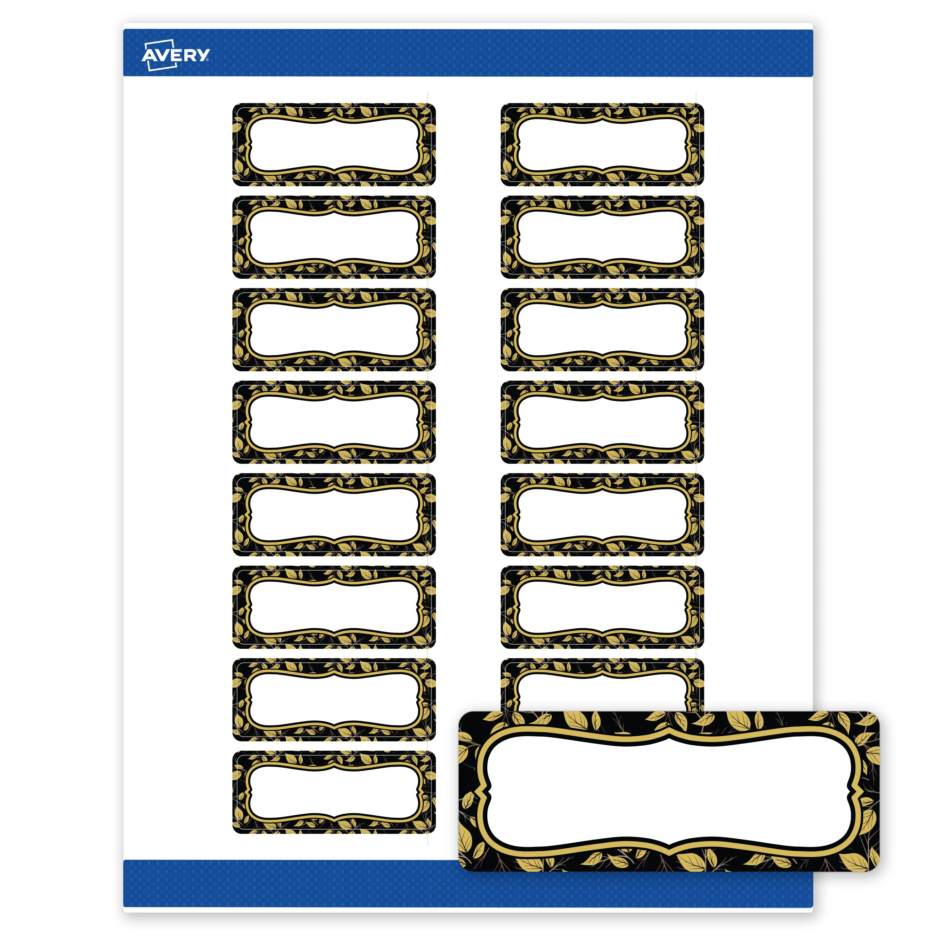 Avery Printable Address Labels, 1" x 2-5/8", Matte White, Pre-printed Flourished Black Border/Golden Leaves Design, Rectangle, Sure Feed Technology, Laser & Inkjet Compatible, 320 Total