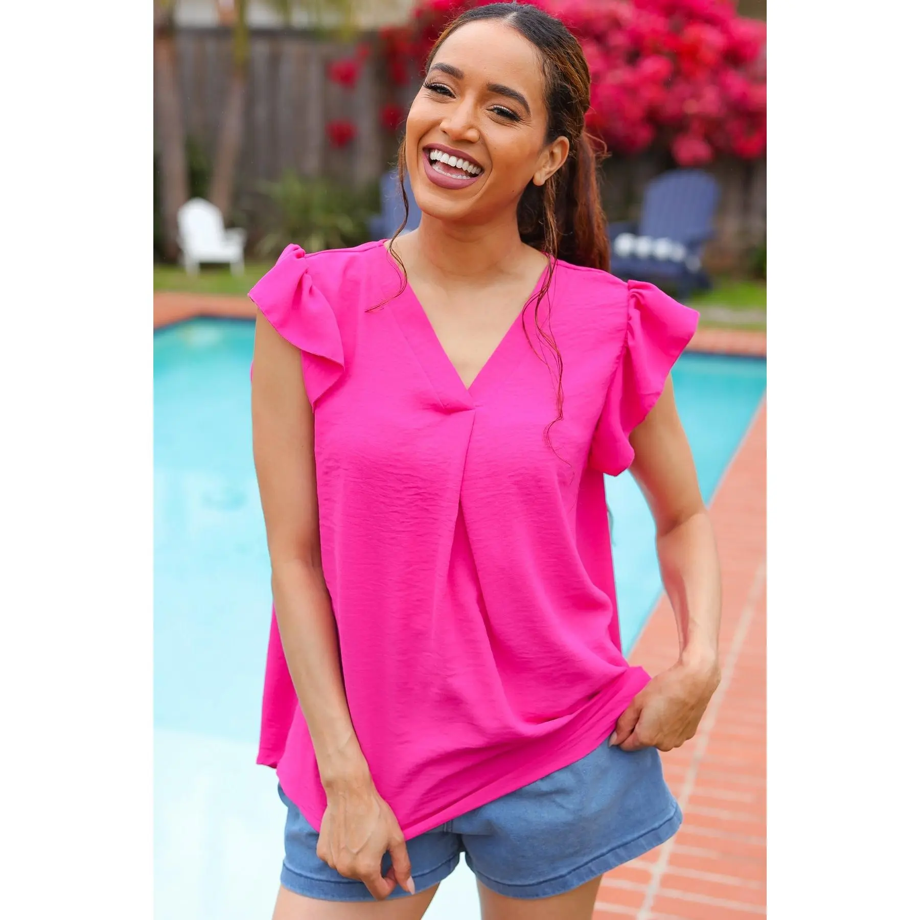 Summer Days Fuchsia Banded V Neck Flutter Sleeve Top