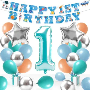 First Trip Around the Sun Birthday Decorations Space 1st Birthday Balloons Banner for Boys Girls Number 1 Balloon Set Star Balloons Blue Silver One Year Old Bday Astronaut Baby Shower Party Supplies