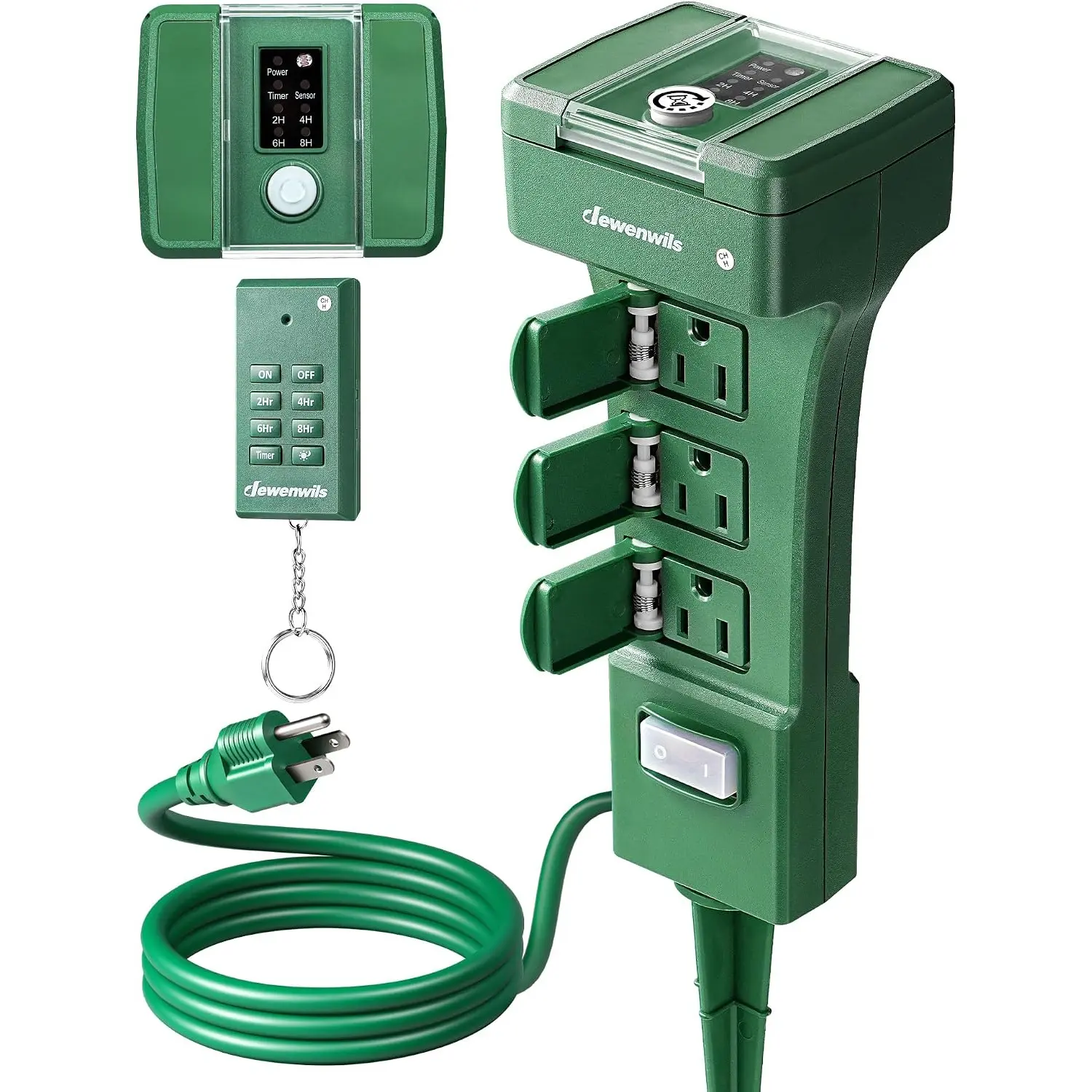 Outdoor Power Stake Timer Waterproof, 100FT Range Remote Control Outlet Timer, 6 Grounded Outlets 6FT Cord, Photocell Dusk to Dawn, for Lights, Garden, 1875W/15A UL Listed
