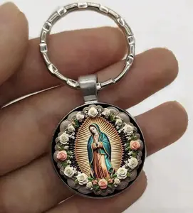 Retro Style Virgen de Guadalupe Keychain Vinyl Alloy Double Ring Unique Floral Design Functional Charm Practical Everyday Accessory