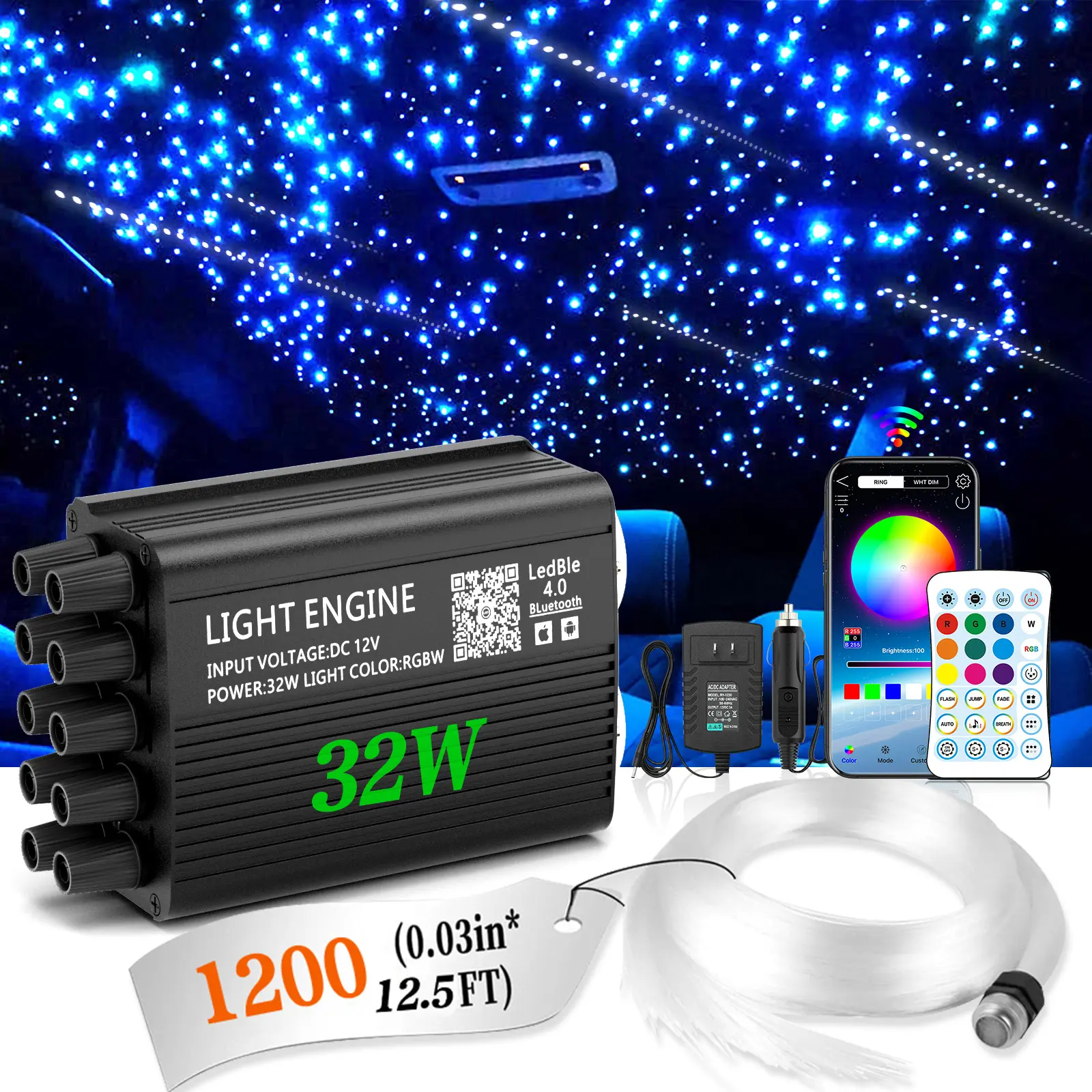 32W RGBW Starlight Headliner Fiber Optic LED Kit, 2-in-1 Twinkle & Meteor Effects, Bluetooth App Control, 24-Key Remote, Music Sync, 12V PMMA Cable, 50000H Lifespan, Car Interior Decor Fiber Optic Lights, Car Lighting LED Atmosphere Lights, None