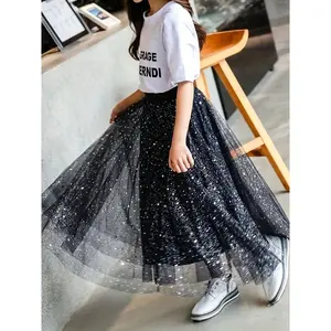 Girls' mid-length skirt, children's 2026 starry sky mesh skirt for older girls