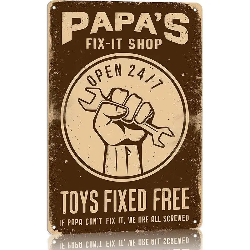 8x12 in Rectangle Aluminium Classic Retro Wall Art Sign - Papa's Fix-It Shop 2D Flat Plaque, "Toys Fixed Free" Funny Decor, Dad Garage Workshop Accessory & Papa Gift