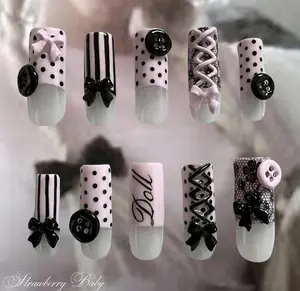 S161 Nailed by Vibe - Doll core Press-On Nails, Pink & Black Polka Dots, Lace Corset Ribbon & Bow Accents, Cute Button Details, Handmade Nail Set for Girly Gothic Aesthetic, Party & Gift Vibes