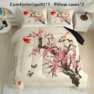 Japanese Cherry Blossom & Sun Bedding Set, 1 Comforter + 2 Pillowcases, Asian Zen Decor, Synthetic Fiber, No Ca Prop 65 Warning