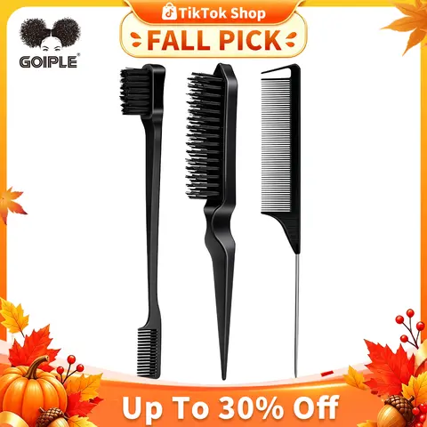 Goiple Women's 3-Count Black Hair Styling Tools Multipack - Portable Triple-Tool Set with Rat Tail, Edge Stick for Teasing, Back Brushing, Bangs & Edges, Compact for Handbags, Smooth Haircare Accessory